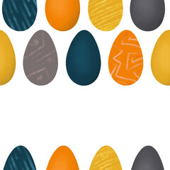 Seamless pattern of bright Easter eggs with different textures on a white background. Design for the Easter holiday. Can be used for fabric, textile, packaging, paper, scrapbooking, postcard
