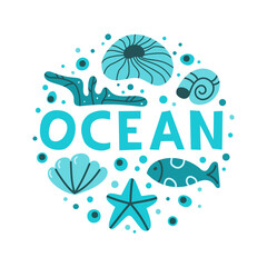 Ocean hand drawn illustration. Round cartoon clipart of ocean animal, sea plants. Childish poster, t shirt print, cover design. Flat isolated vector, white background. Monochrome turquoise cute icons