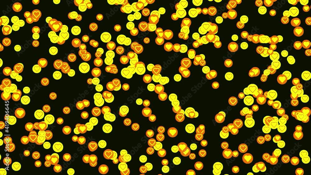 Poster yellow and orange heart symbols floating slowly on black background from right to left. animation. c