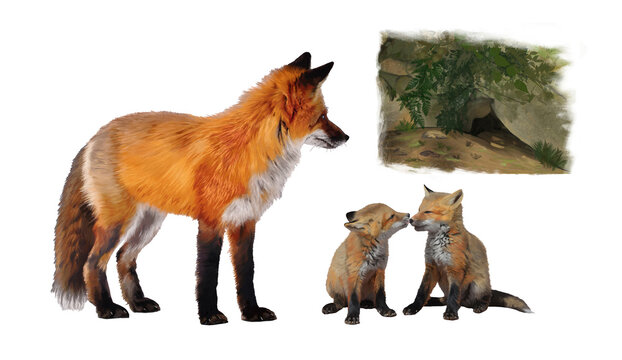Volpe rossa Vulpes vulpes, due cuccioli di volpe che si leccano, tana di volpe. Illustrazioni realistiche isolate, su sfondo bianco.