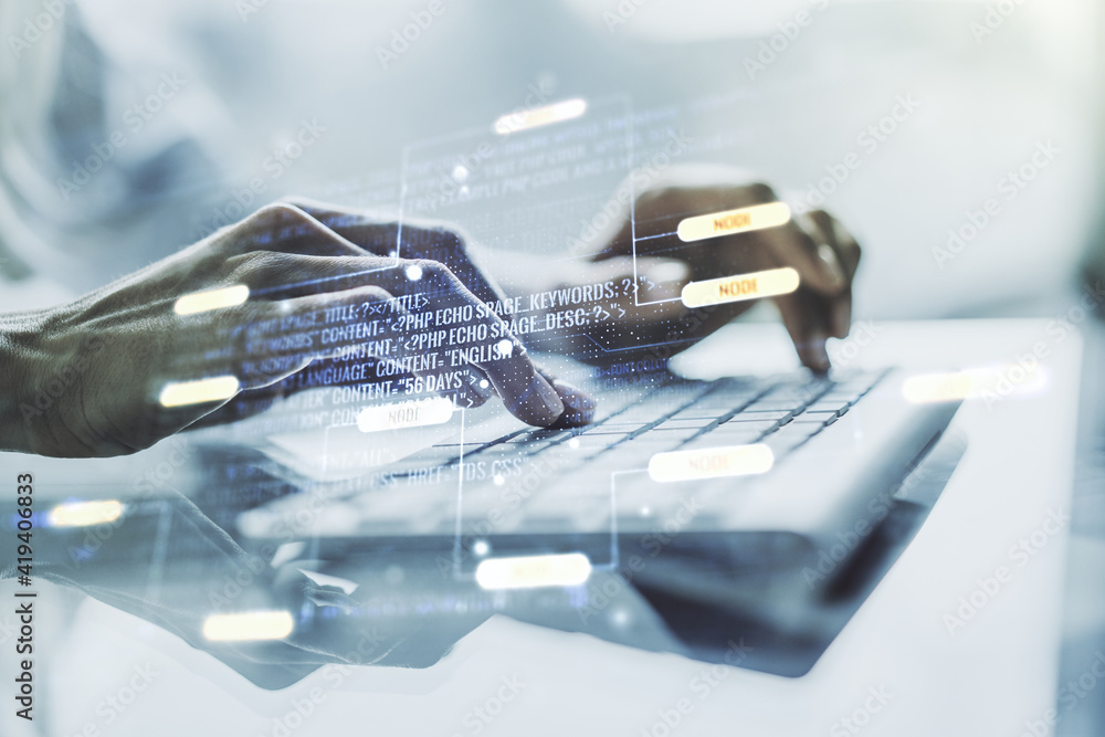 Poster double exposure of abstract creative programming illustration and hands typing on laptop on backgrou