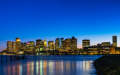 Fototapeta na wymiar Panoramic Blue Night Skyline of Boston City