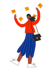 ethnic business woman throws stickers with tasks. Work stress and multitasking concept. Office routine and deadlines. Trendy flat textured character isolated