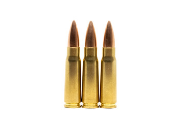 Three bullets isolated on white background. Cartridges 7.62 caliber for Kalashnikov assault rifle...