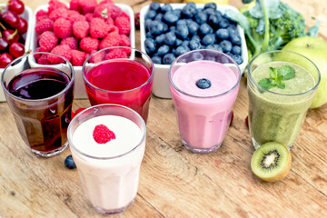 Healthy refreshing drinks,  green smoothie,  fruit yougurt, fruit juice and ingredients of healthy drinks