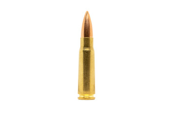 One bullet isolated on white background. Cartridge 7.62 caliber for Kalashnikov assault rifle closeup