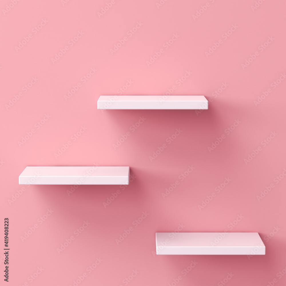 Aufkleber blank white shelves isolated on pink pastel color wall background with shadow minimal conceptual 3d 