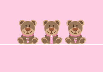 Karte 3 Teddys Babysymbole Mädchen Pink
