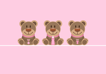 Karte 3 Teddys Babysymbole Mädchen Pink