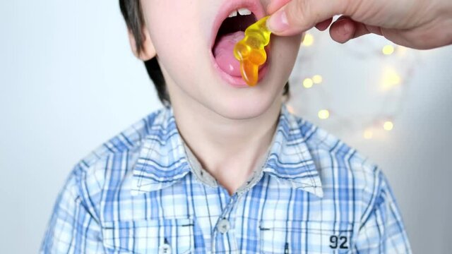 small child, kid eats, chews food funny, enjoys his favorite treat, healthy food concept, children's diet
