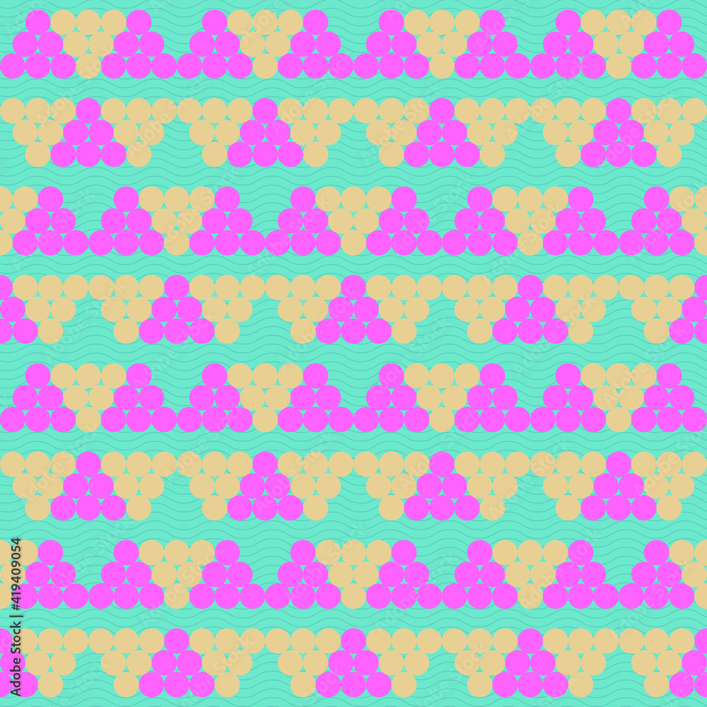 Poster spring seamless geometric pattern with the image of beads, balls, pyramids, coins. vector design for