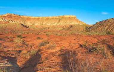 Aerial view from drone, beautiful landscape of red and orange rock formations along the road in Utah, USA