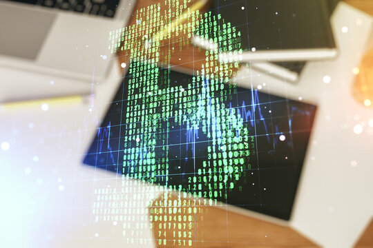 Creative Bitcoin concept and modern digital tablet on background, top view. Multiexposure - Powered by Adobe