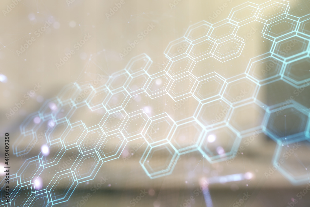Poster double exposure of abstract virtual technology hologram with hexagon on modern business center exter