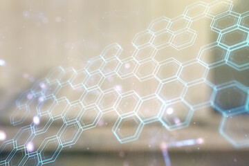 Obraz premium Double exposure of abstract virtual technology hologram with hexagon on modern business center exterior background. Research and development software concept