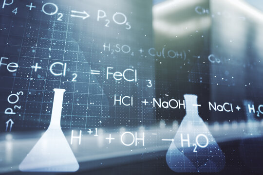 Double exposure of abstract virtual chemistry hologram on modern business center exterior background, research and development concept