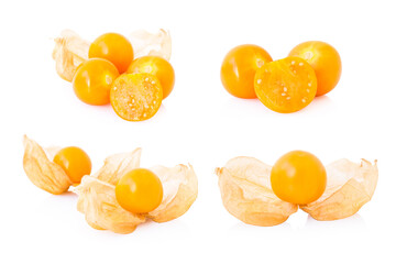 Set fresh cape gooseberry fruit with high vitamin C on white background, health care medical concept