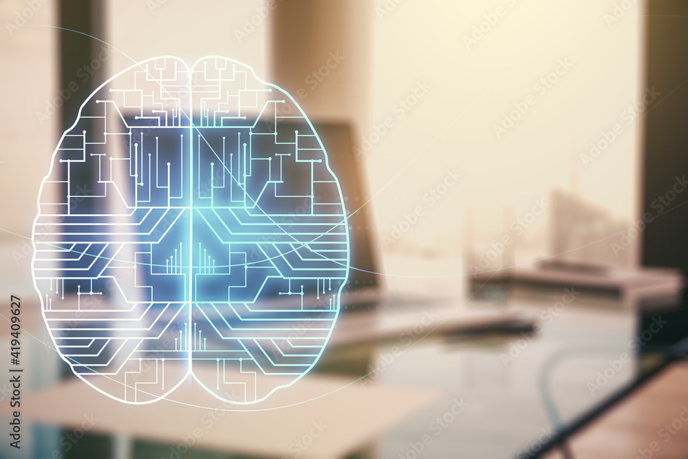 Aufkleber double exposure of creative human brain microcircuit with computer on background. future technology 