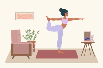 Yoga girl at home. A beautiful isolated picture for a yoga blog. Vector illustration of a girl in an asana pose. Drawn in a flat style. Vector illustration