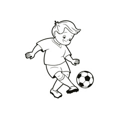 Obraz premium coloring book: a boy in the uniform of a football player kicks the ball across the football field. Vector illustration in cartoon style, black and white line art