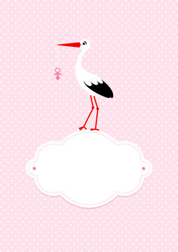 Karte Storch Schnuller Auf Wolke Punkte Pink