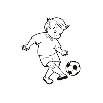 coloring book: a boy in the uniform of a football player kicks the ball across the football field. Vector illustration in cartoon style, black and white line art