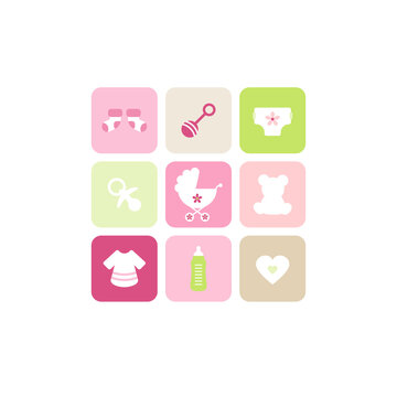 Quadrat 9 Babysymbole Mädchen Pink Grün Beige