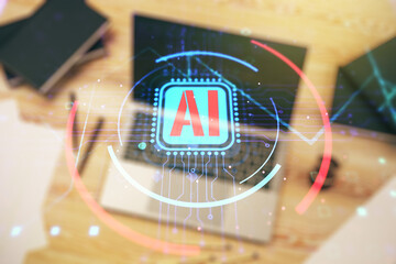 Double exposure of creative artificial Intelligence abbreviation with computer on background....