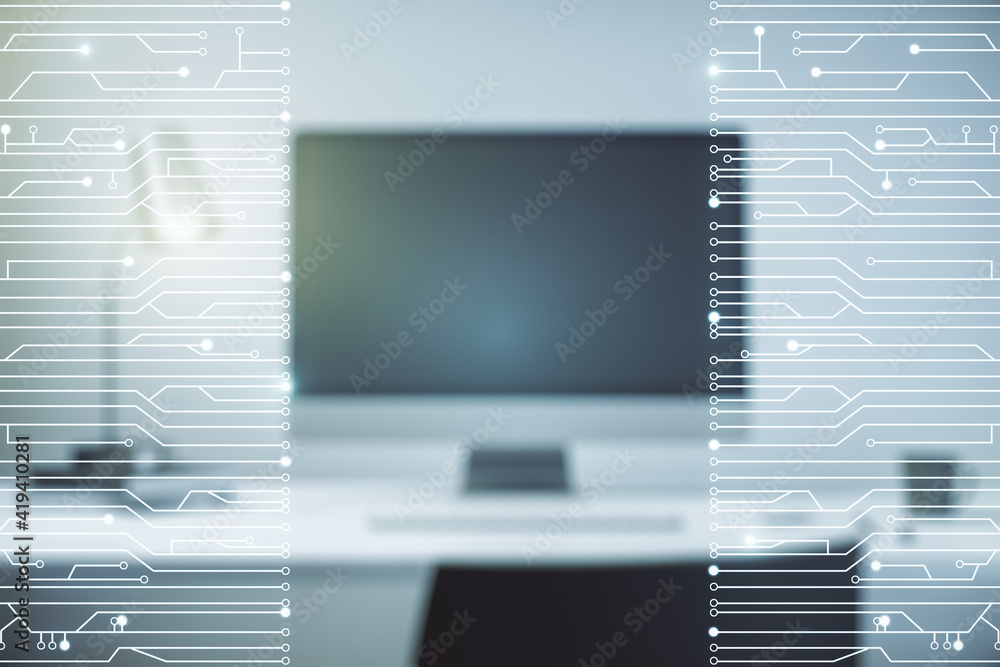 Poster creative abstract micro chip hologram on modern computer background, artificial intelligence and mac
