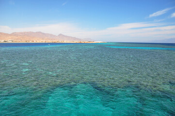 The Red Sea turquoise coral reef, coral near Sharm El Sheikh. Turquoise, azure seascape of the Red sea with yellow rocks of Sharm El Sheikh resort city in the background.