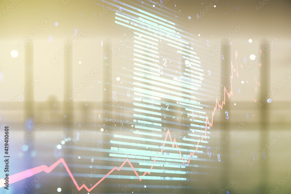 Poster double exposure of creative bitcoin symbol hologram on empty room interior background. mining and bl