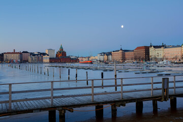 Finland, Helsinki, March 3, 2021.     Dawn, Spring panorama of Helsinki, view of the Katajanokka...