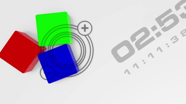 3d animation, three cubes sliding on white background with symbol of magnetic field