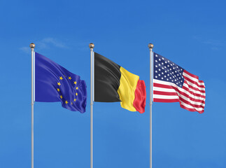 Three flags. USA (United States of America), EU (European Union) and Belgium. 3D illustration.