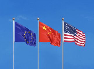 Three flags. USA (United States of America), EU (European Union) and China. 3D illustration.