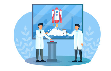 Two male scientists are launching a rocket together. Huge rocket is launching in space on a big screen. Man in white robe pushes red button. Flat cartoon vector illustration