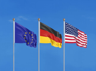 Three flags. USA (United States of America), EU (European Union) and Germany. 3D illustration.