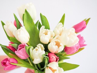 Fototapeta premium Hand of the man holding beautiful bouquet of tulips. Love and Relationship. Celebrating anniversary, Valentine's Day, Women's Day, Mother's Day, Wedding. Flowers to Minimalistic concept. Copy space