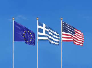 Three flags. USA (United States of America), EU (European Union) and Greece. 3D illustration.
