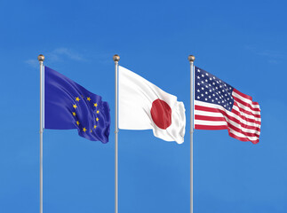 Three flags. USA (United States of America), EU (European Union) and Japan. 3D illustration.
