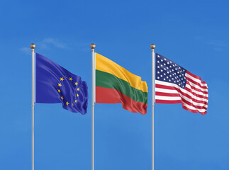 Three flags. USA (United States of America), EU (European Union) and Lithuania. 3D illustration.