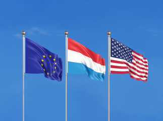 Three flags. USA (United States of America), EU (European Union) and Luxembourg. 3D illustration.