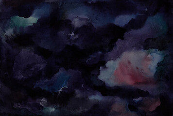 An illustration on the dark space . Watercolour. Texture. Background. Postcard. The poster. Picture. Print.