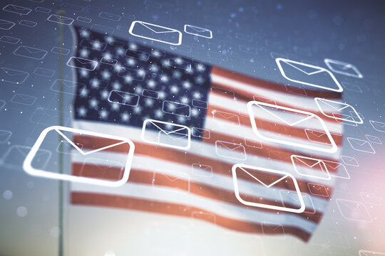Abstract virtual postal envelopes illustration on US flag and blue sky background. Email and communications concept. Multiexposure
