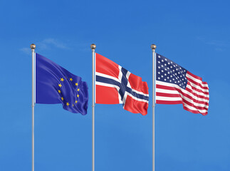 Three flags. USA (United States of America), EU (European Union) and Norway. 3D illustration.