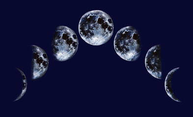 Moon phases on a blue background. Watercolour. Postcard. The poster. Picture. Print. Banner.