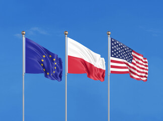 Three flags. USA (United States of America), EU (European Union) and Poland. 3D illustration.