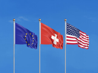Three flags. USA (United States of America), EU (European Union) and Switzerland. 3D illustration.