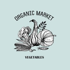 Logo for organic products. Organic market. Freehand drawing. Vector illustration. 