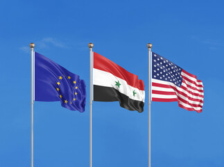 Three flags. USA (United States of America), EU (European Union) and Syria. 3D illustration.